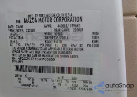 2008 Mazda Tribute from USA, damaged, VIN 4F2CZ02Z18KM05850